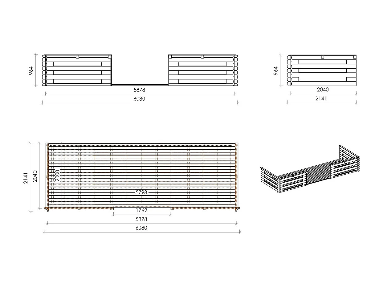 Casetta da giardino in legno con veranda e tettoia - 42m2 - 6x5m - 40mm - colore: naturale - DOM747+DOM553+DOM555+POD04 - ALTANKA