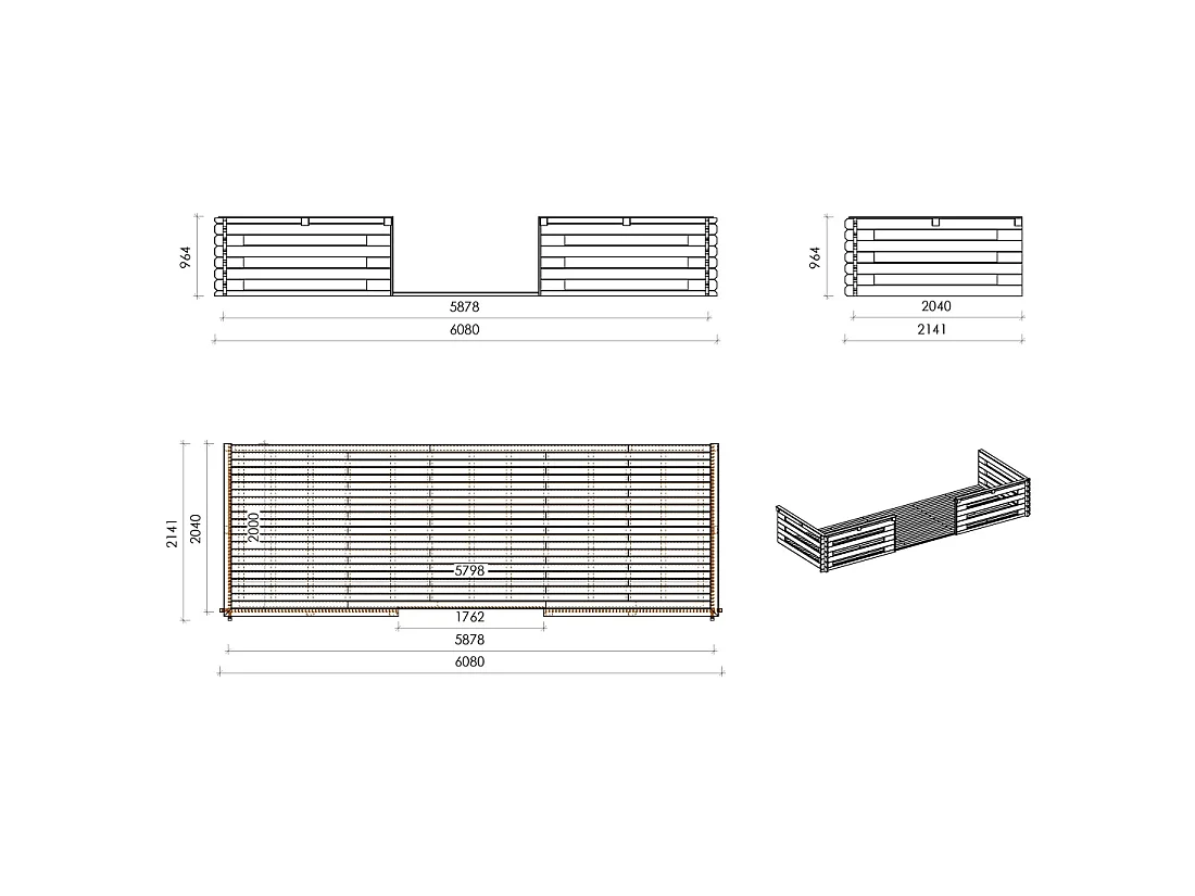 Casetta da giardino in legno con veranda e tettoia - 42m2 - 6x5m - 40mm - colore: naturale - DOM747+DOM553+DOM555+POD04 - ALTANKA