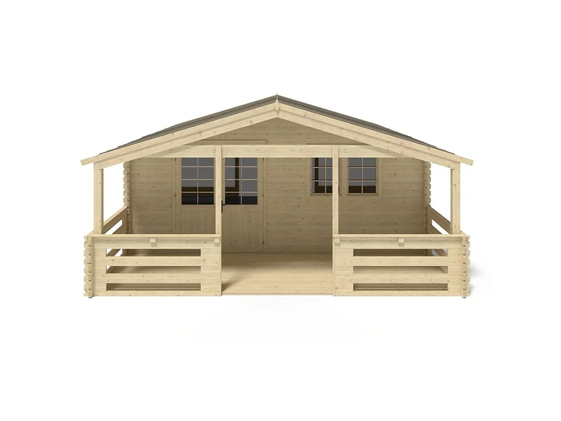 Casetta da giardino in legno con veranda e tettoia - 42m2 - 6x5m - 40mm - colore: naturale - DOM747+DOM553+DOM555+POD04 - ALTANKA