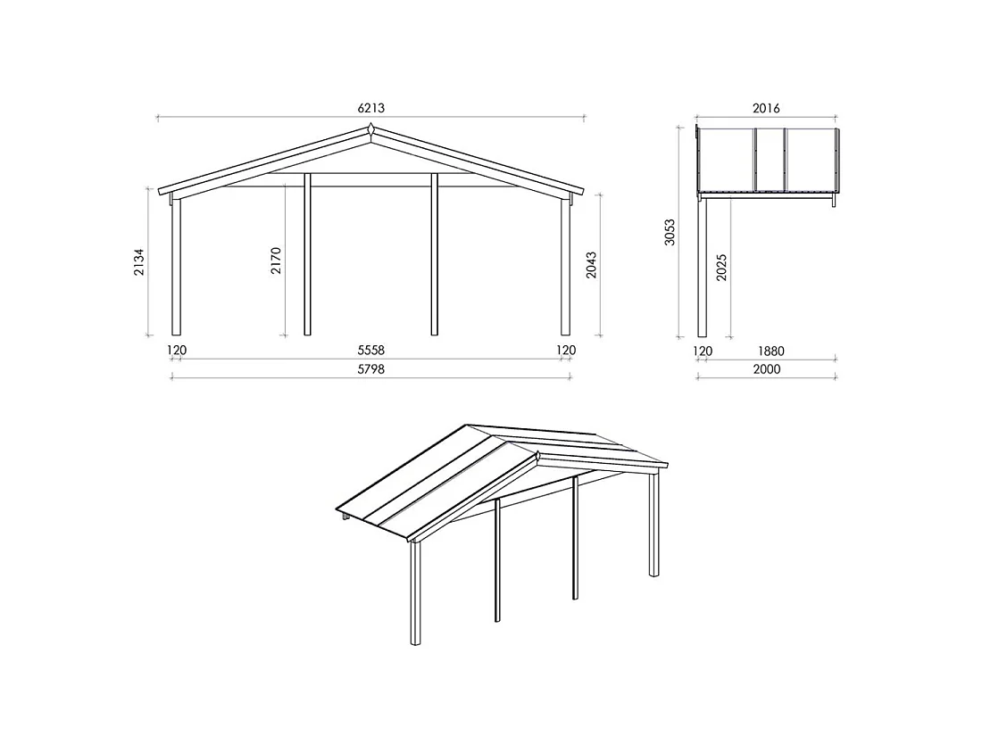 Casetta da giardino in legno con veranda e tettoia - 42m2 - 6x5m - 40mm - colore: naturale - DOM747+DOM553+DOM555+POD04 - ALTANKA