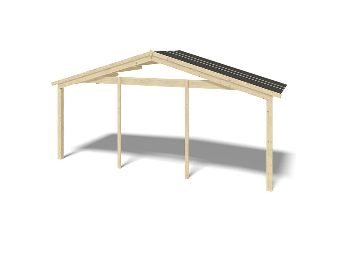 Casetta da giardino in legno con veranda e tettoia - 42m2 - 6x5m - 40mm - colore: naturale - DOM747+DOM553+DOM555+POD04 - ALTANKA