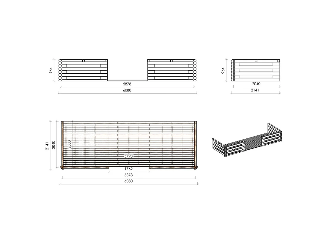 Casetta da giardino in legno con veranda e tettoia - 42m2 - 6x5m - 40mm - colore: naturale - DOM747+DOM553+DOM555+POD04 - ALTANKA
