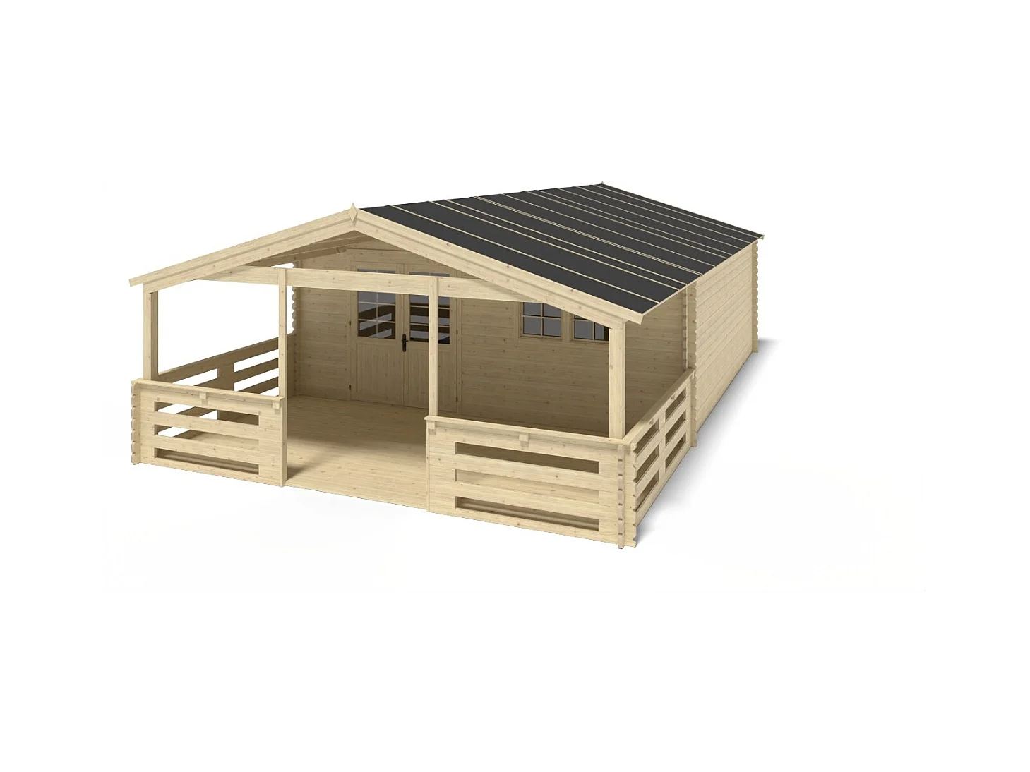 Abri de jardin en bois - 6x6 m + terrasse avec balustrade et avant-toit en bois - 54 m2 - DOM749+DOM556+DOM558+POD04 - ALTANKA