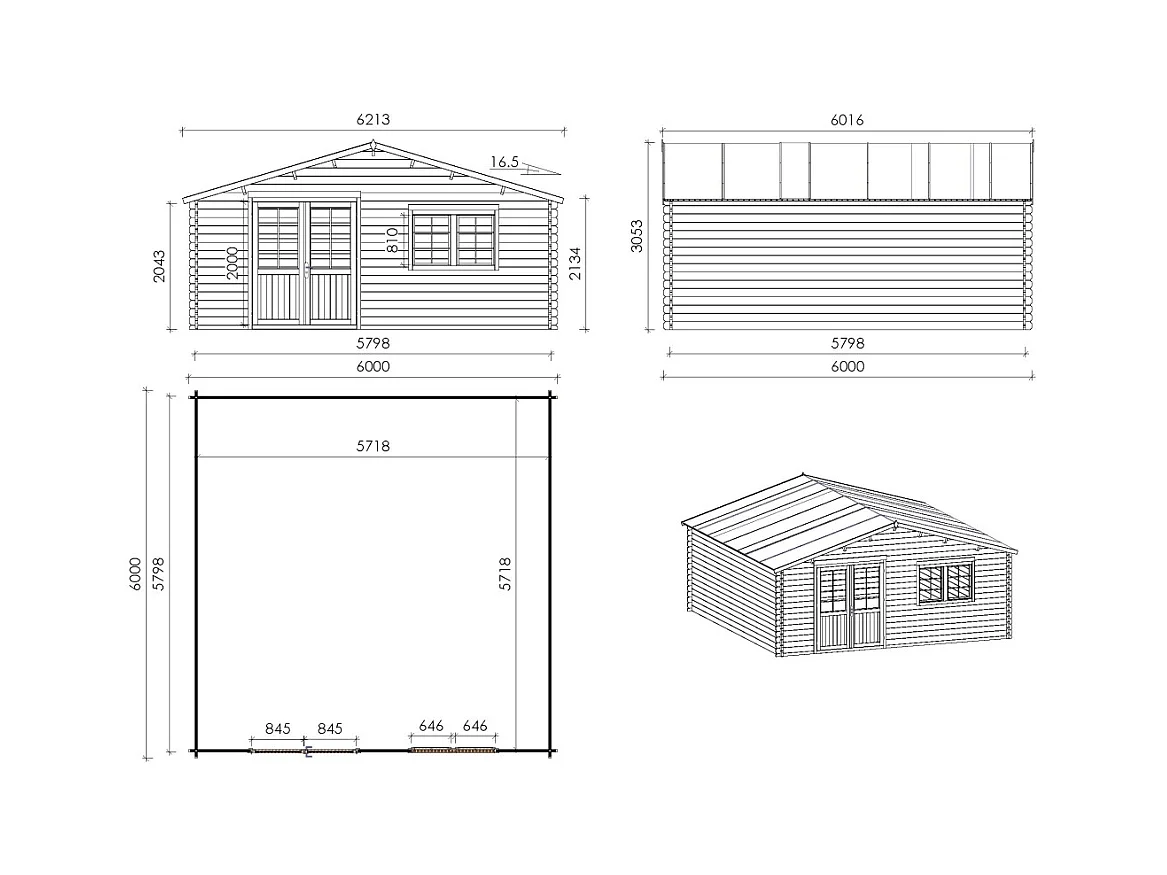 Abri de jardin en bois - 6x6 m + terrasse avec balustrade et avant-toit en bois - 54 m2 - DOM749+DOM556+DOM558+POD04 - ALTANKA