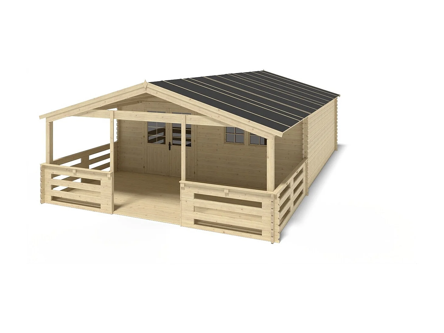 Abri de jardin en bois - 6x6 m + terrasse avec balustrade et avant-toit en bois - 54 m2 - DOM749+DOM556+DOM558+POD04 - ALTANKA