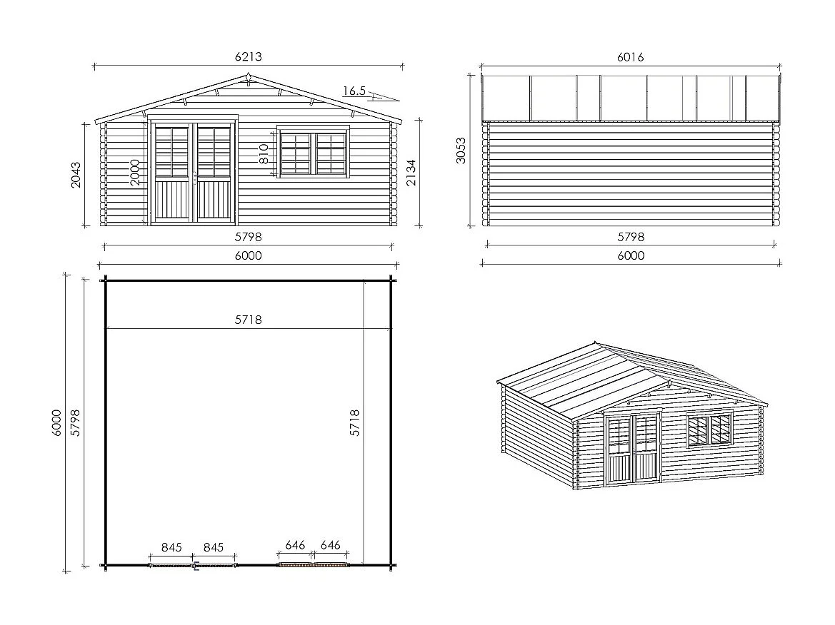 Casetta da giardino in legno con veranda e tettoia - 54m2 - 6x6m - 40mm - colore: naturale - DOM749+DOM556+DOM558+POD04 - ALTANKA