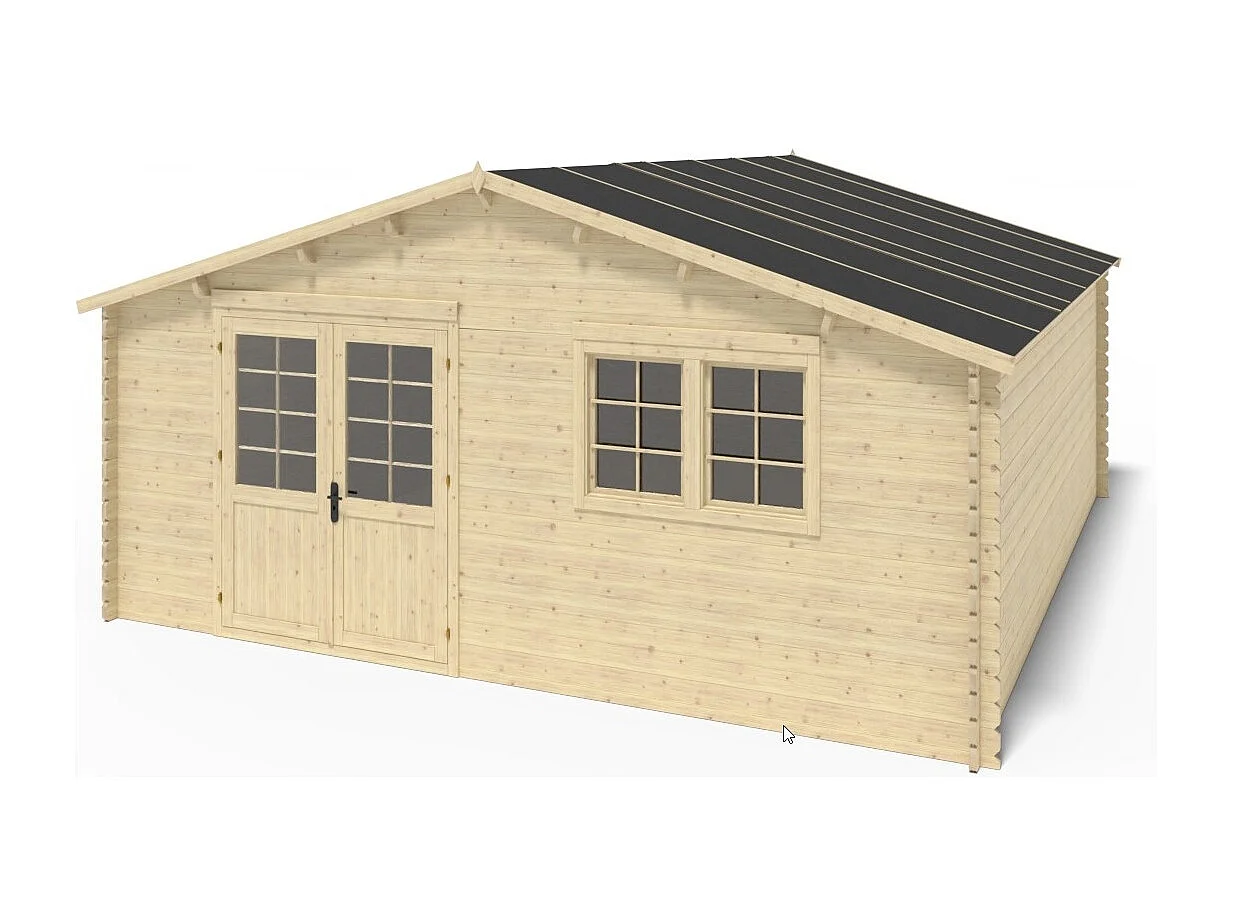 Casetta da giardino in legno con veranda e tettoia - 54m2 - 6x6m - 40mm - colore: naturale - DOM749+DOM556+DOM558+POD04 - ALTANKA