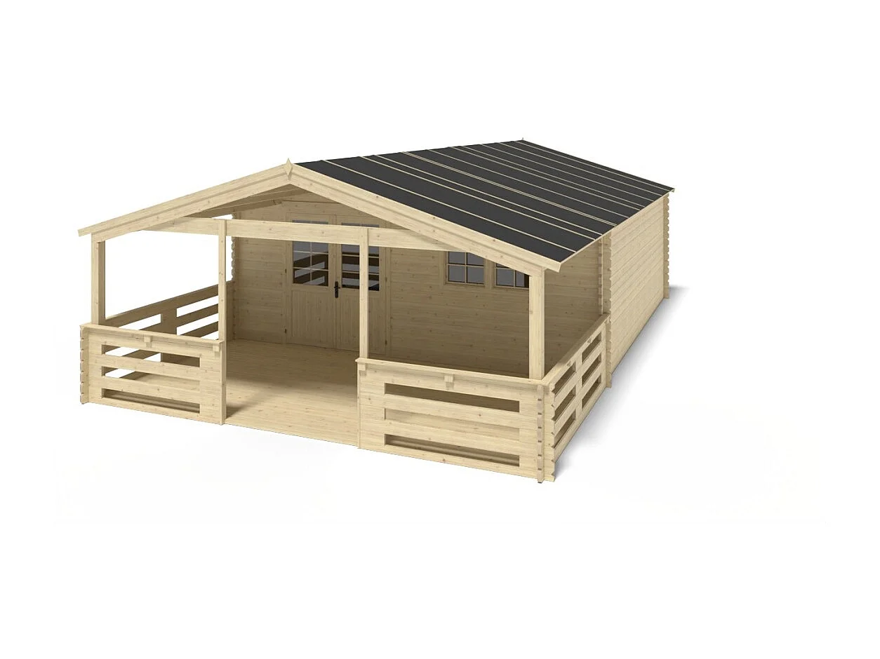 Casetta da giardino in legno con veranda e tettoia - 54m2 - 6x6m - 40mm - colore: naturale - DOM749+DOM556+DOM558+POD04 - ALTANKA