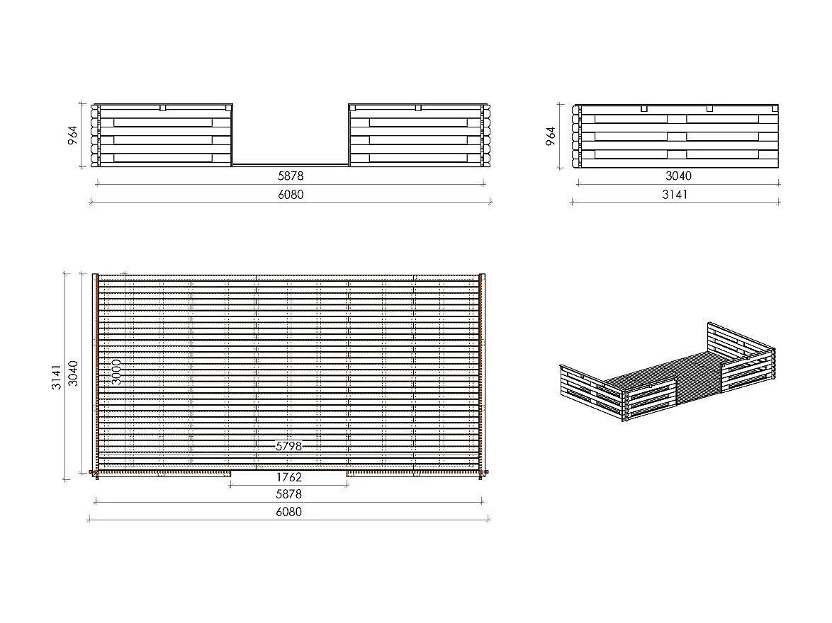 Casetta da giardino in legno con veranda e tettoia - 54m2 - 6x6m - 40mm - colore: naturale - DOM749+DOM556+DOM558+POD04 - ALTANKA