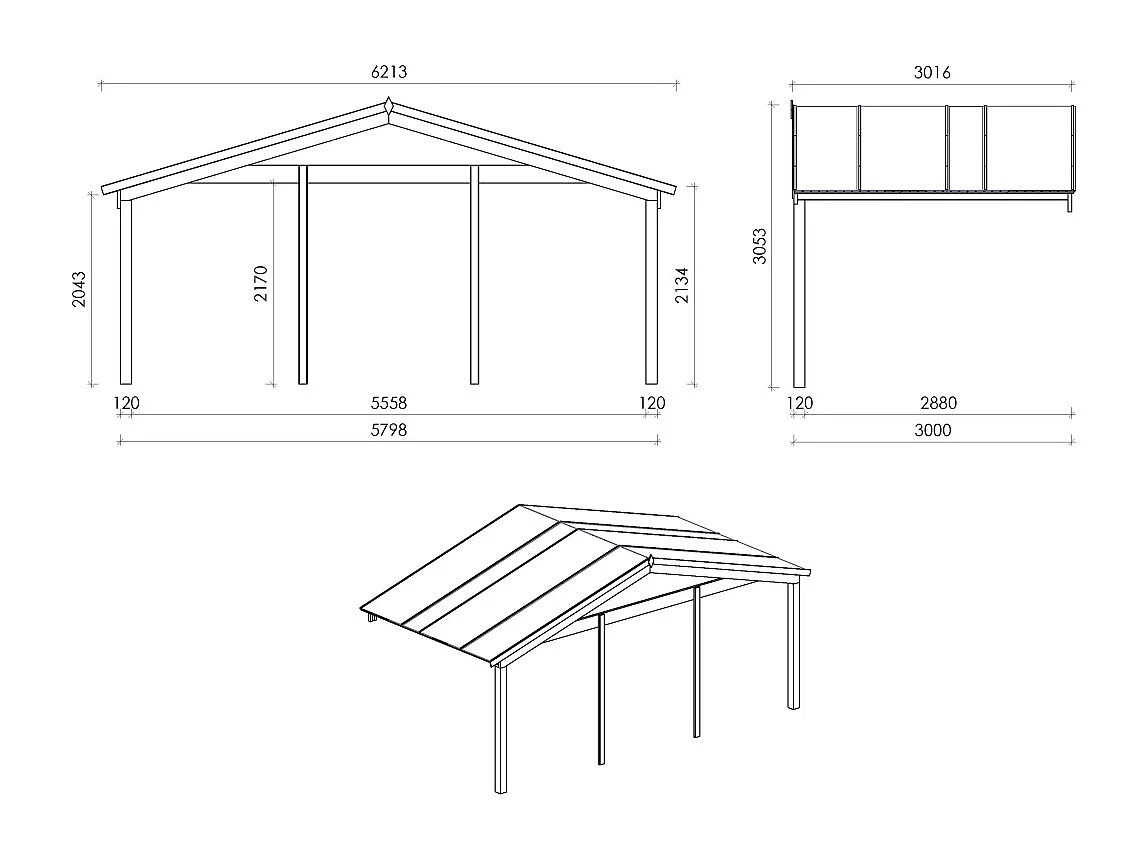 Casetta da giardino in legno con veranda e tettoia - 54m2 - 6x6m - 40mm - colore: naturale - DOM749+DOM556+DOM558+POD04 - ALTANKA
