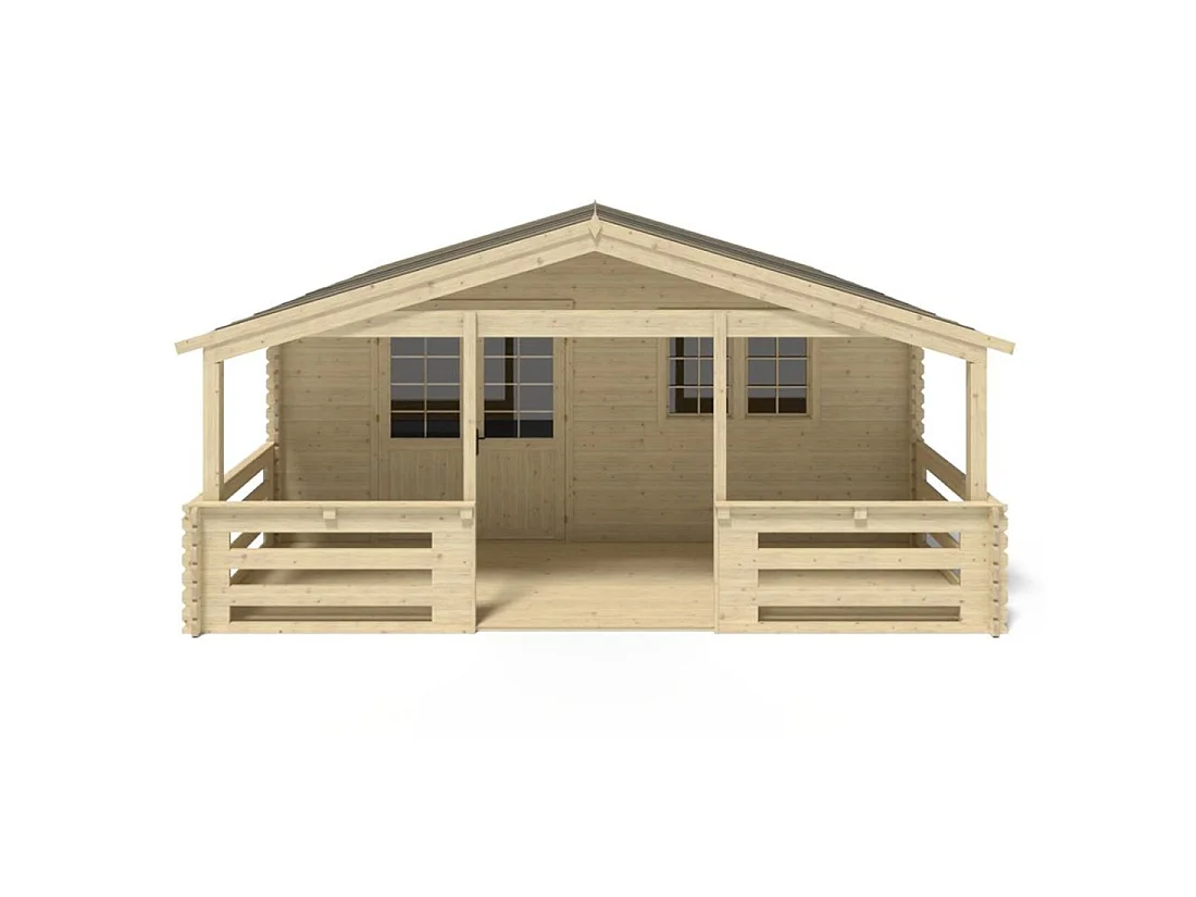 Casetta da giardino in legno con veranda e tettoia - 54m2 - 6x6m - 40mm - colore: naturale - DOM749+DOM556+DOM558+POD04 - ALTANKA