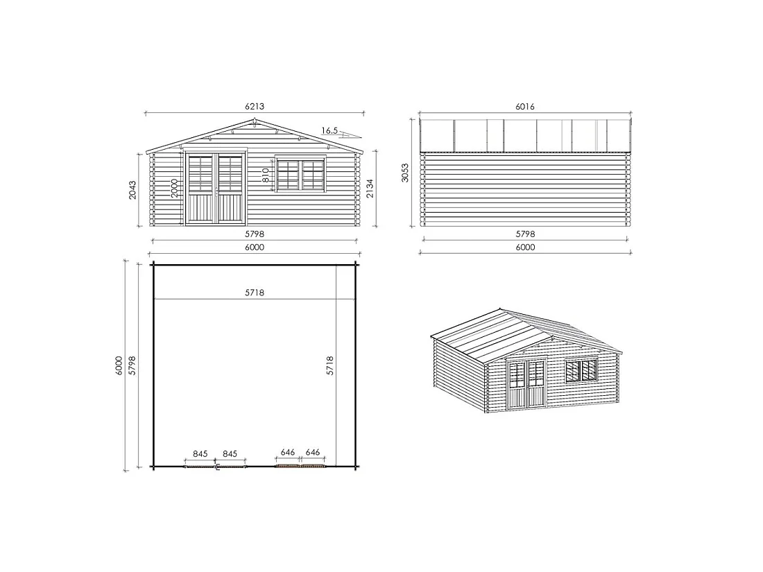 Casetta da giardino in legno con veranda e tettoia - 54m2 - 6x6m - 40mm - colore: naturale - DOM749+DOM556+DOM558+POD04 - ALTANKA