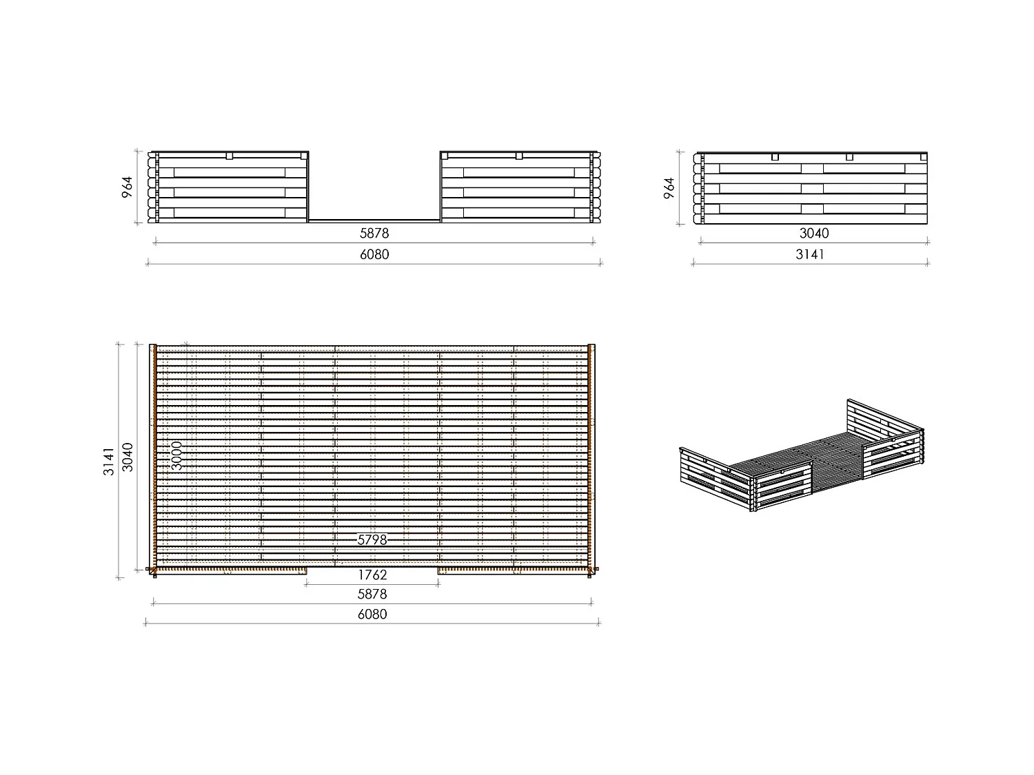 Terrasse en bois avec balustrade pour abri en bois - 18m2 - 6m x 3m - couleur: naturel - DOM558 - ALTANKA