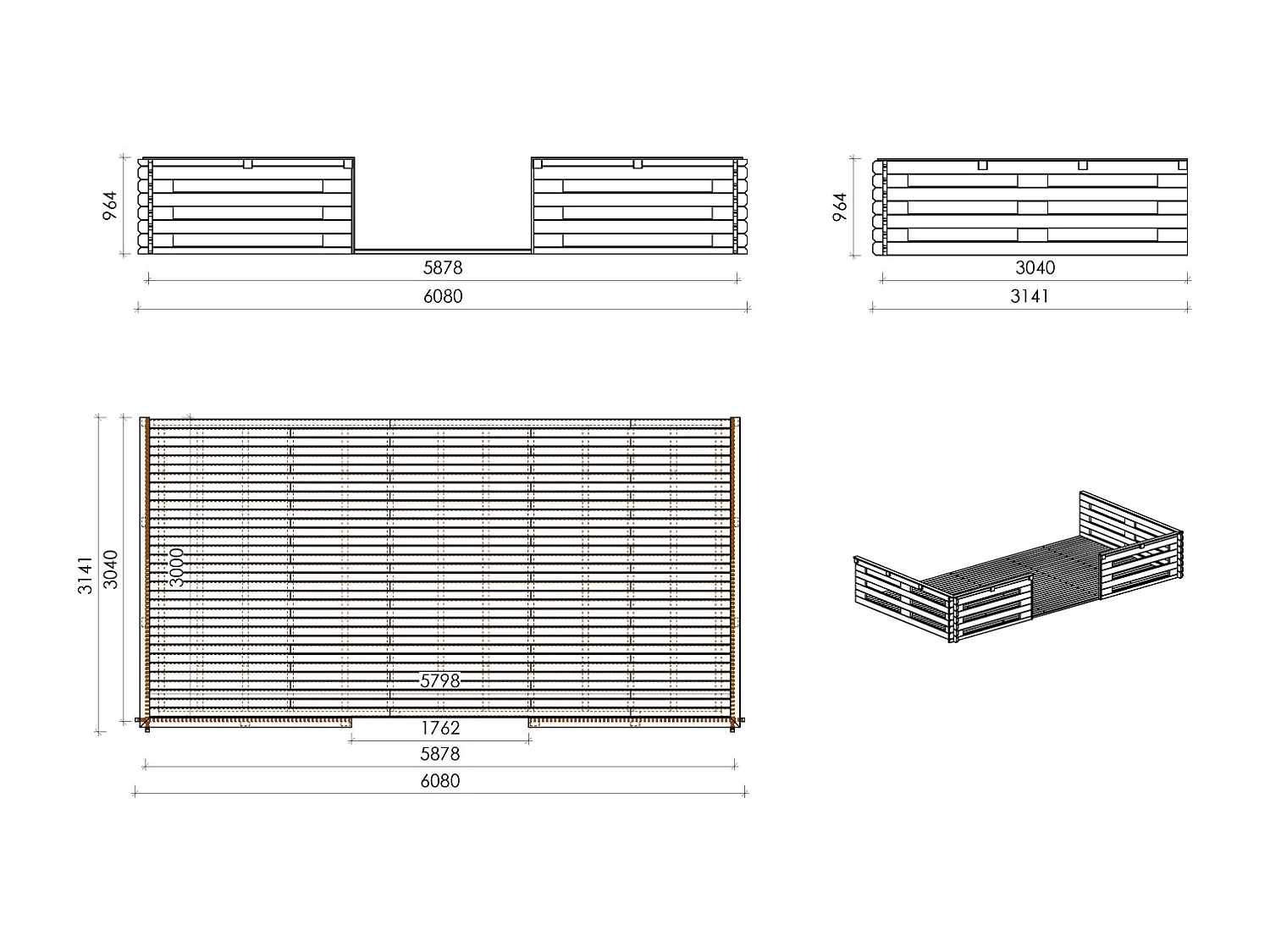Terrasse en bois avec balustrade pour abri en bois - 18m2 - 6m x 3m - couleur: naturel - DOM558 - ALTANKA