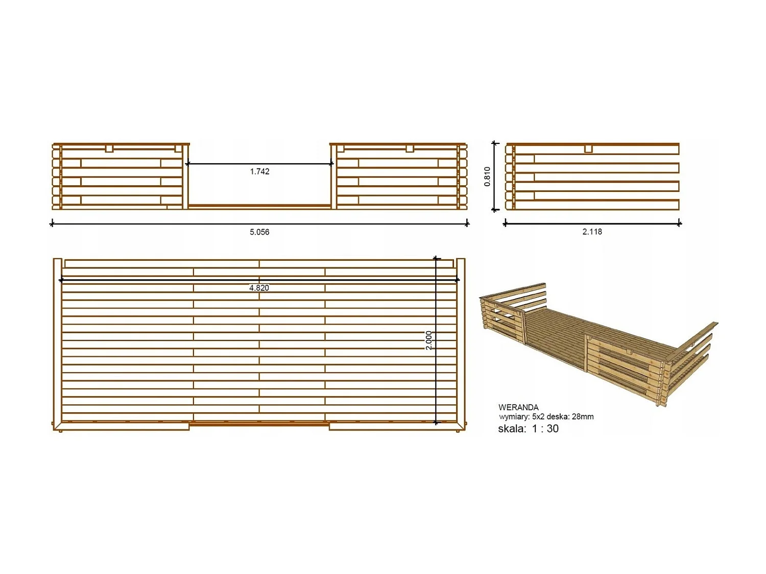 Terrasse en bois avec balustrade pour abri en bois - 10m2 - 5m x 2m - couleur: naturel - DOM601 - ALTANKA
