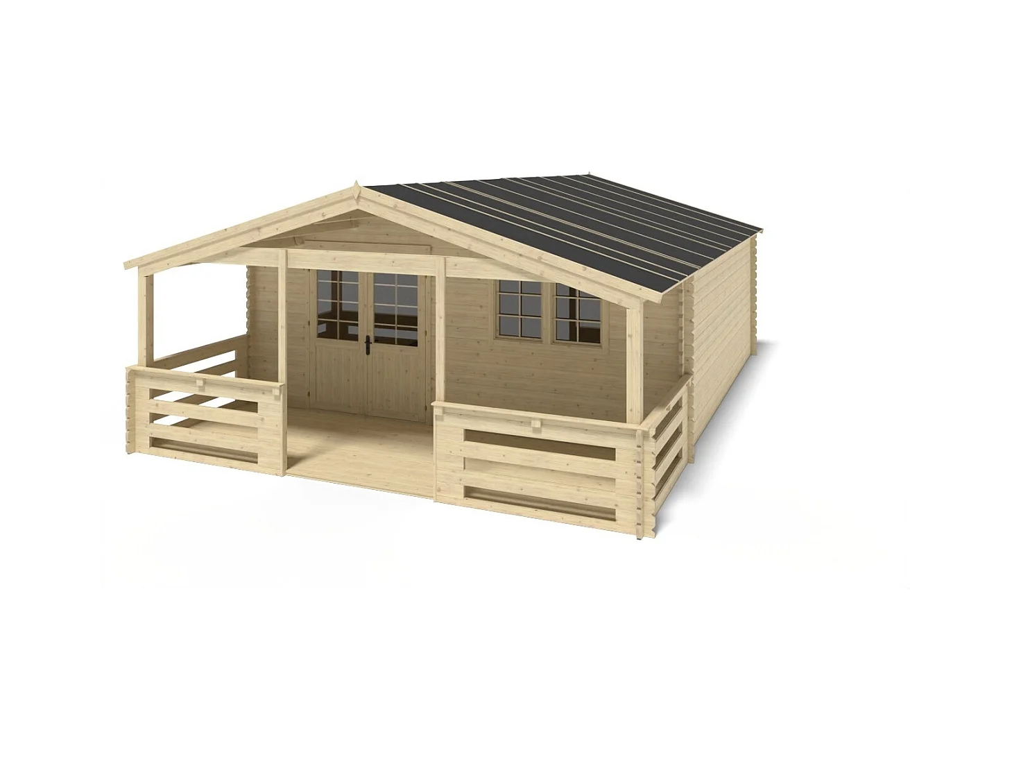 Abri de jardin en bois - 6x6 m + terrasse avec balustrade et avant-toit en bois - 48 m2 - DOM749+DOM553+DOM555+POD04 - ALTANKA
