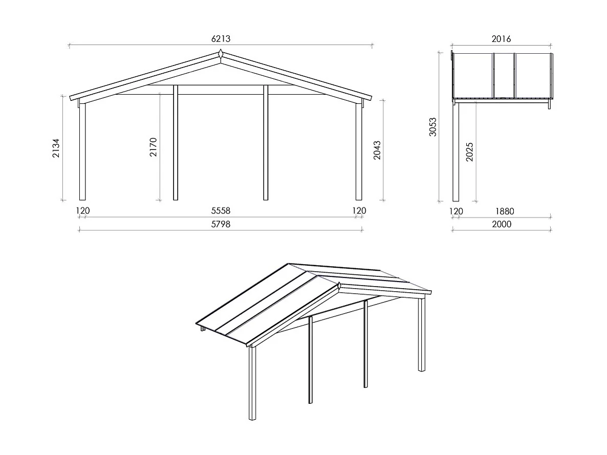 Casetta da giardino in legno con veranda e tettoia - 48m2 - 6x6m - 40mm - colore: naturale - DOM749+DOM553+DOM555+POD04 - ALTANKA