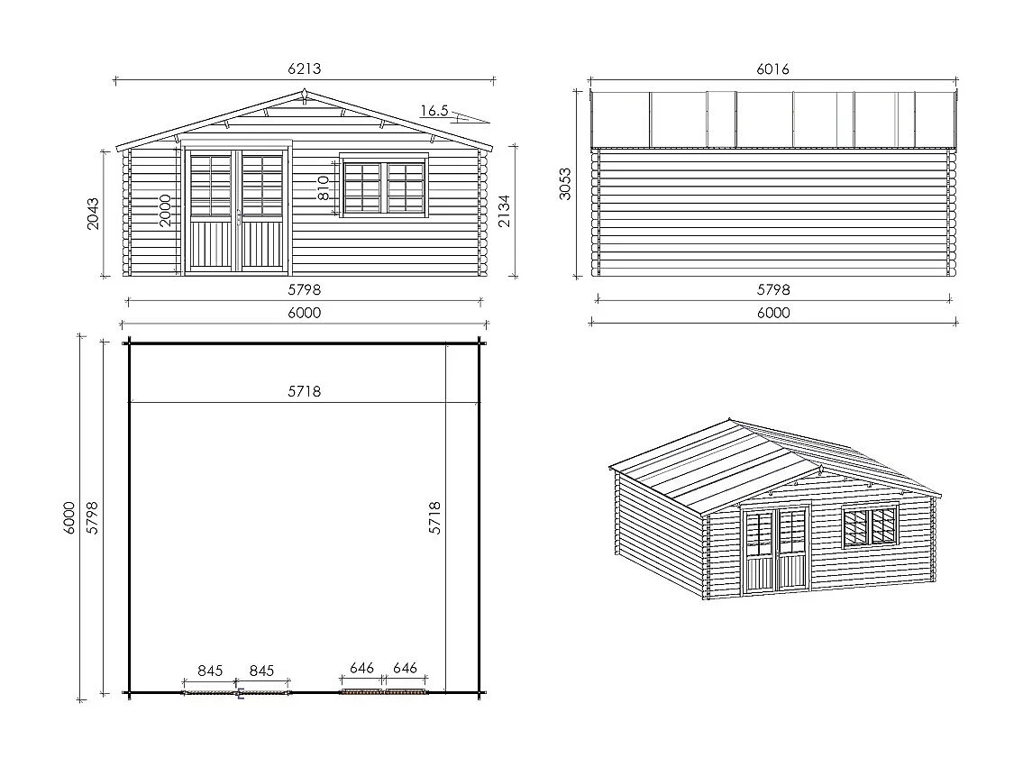 Casetta da giardino in legno con veranda e tettoia - 48m2 - 6x6m - 40mm - colore: naturale - DOM749+DOM553+DOM555+POD04 - ALTANKA