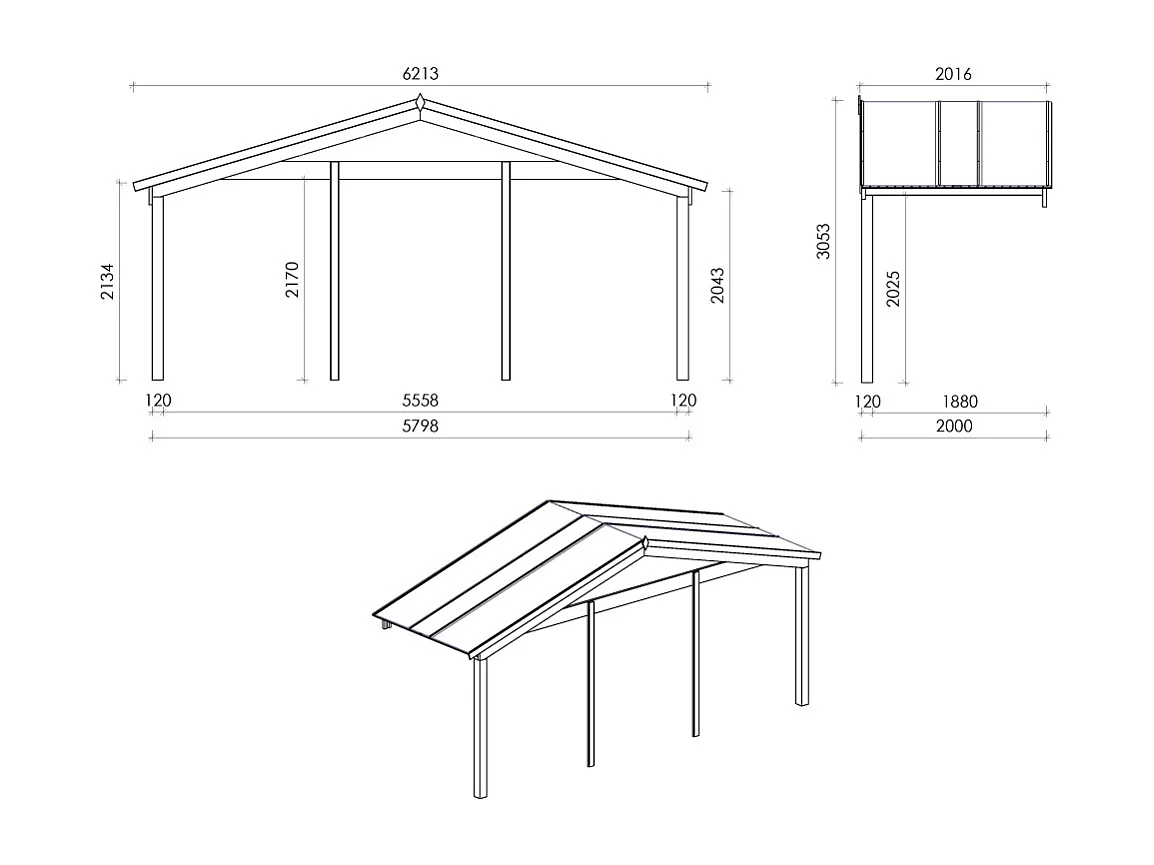 Casetta da giardino in legno con veranda e tettoia - 48m2 - 6x6m - 40mm - colore: naturale - DOM749+DOM553+DOM555+POD04 - ALTANKA
