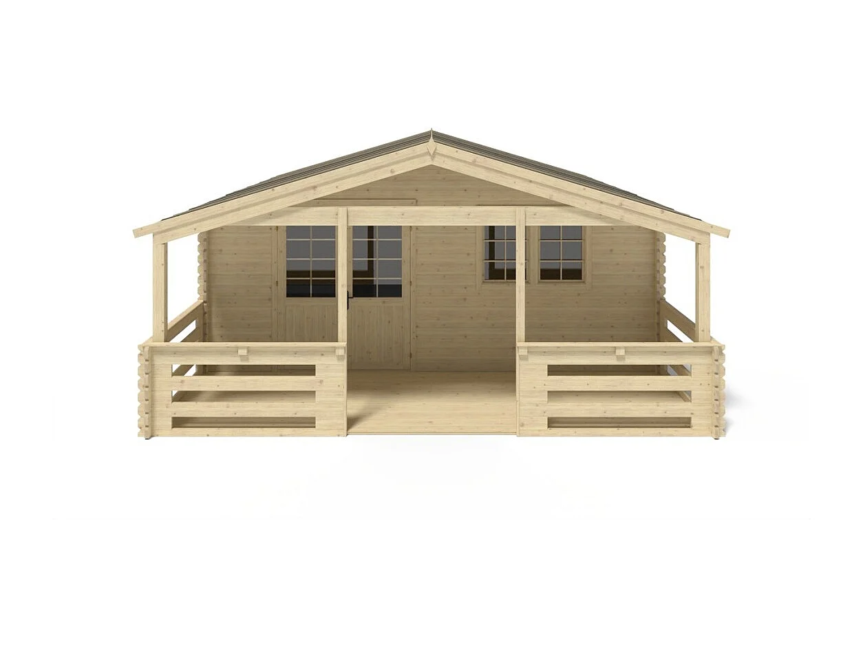 Casetta da giardino in legno con veranda e tettoia - 48m2 - 6x6m - 40mm - colore: naturale - DOM749+DOM553+DOM555+POD04 - ALTANKA