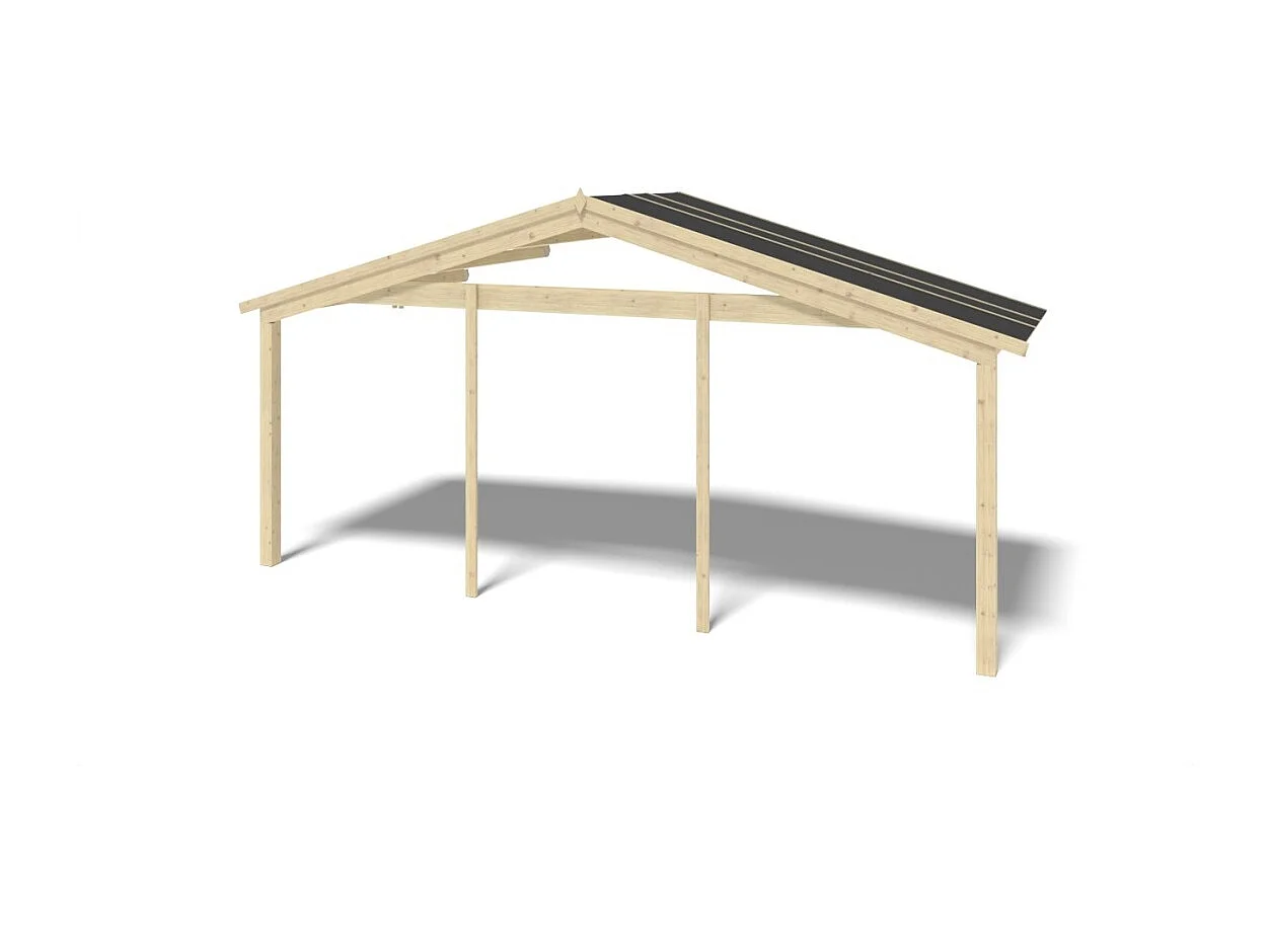 Casetta da giardino in legno con veranda e tettoia - 48m2 - 6x6m - 40mm - colore: naturale - DOM749+DOM553+DOM555+POD04 - ALTANKA