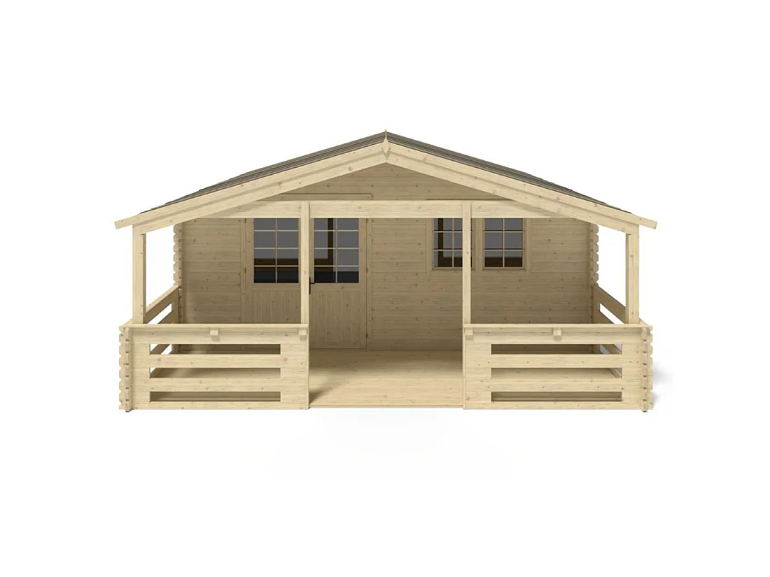 Casetta da giardino in legno con veranda e tettoia - 48m2 - 6x6m - 40mm - colore: naturale - DOM749+DOM553+DOM555+POD04 - ALTANKA