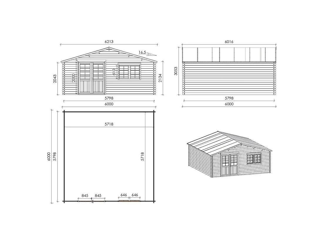 Casetta da giardino in legno con veranda e tettoia - 48m2 - 6x6m - 40mm - colore: naturale - DOM749+DOM553+DOM555+POD04 - ALTANKA