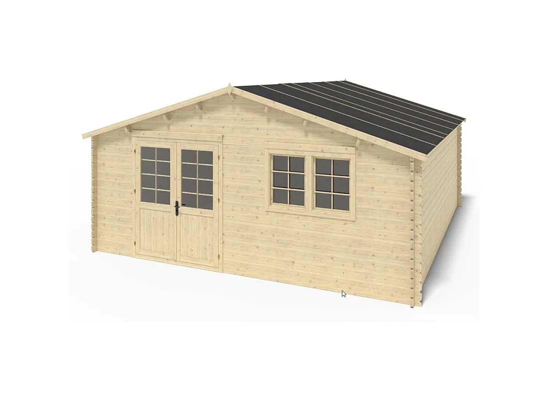 Casetta da giardino in legno con veranda e tettoia - 48m2 - 6x6m - 40mm - colore: naturale - DOM749+DOM553+DOM555+POD04 - ALTANKA