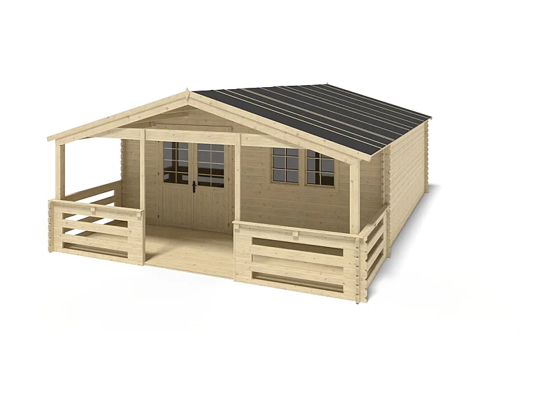 Casetta da giardino in legno con veranda e tettoia - 48m2 - 6x6m - 40mm - colore: naturale - DOM749+DOM553+DOM555+POD04 - ALTANKA