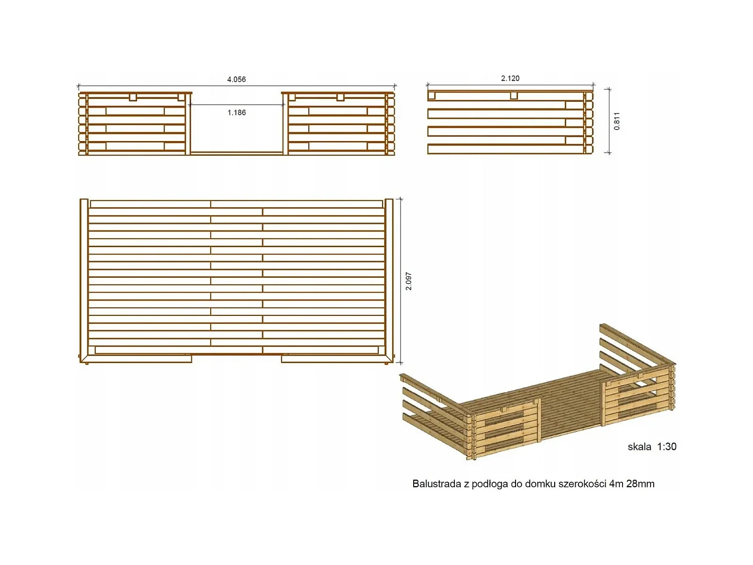 Terrasse en bois avec balustrade pour abri en bois - 8m2 - 4m x 2m - couleur: naturel - DOM18 - ALTANKA