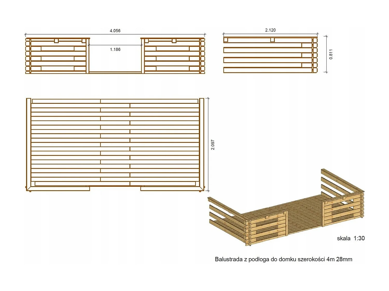 Terrasse en bois avec balustrade pour abri en bois - 8m2 - 4m x 2m - couleur: naturel - DOM18 - ALTANKA