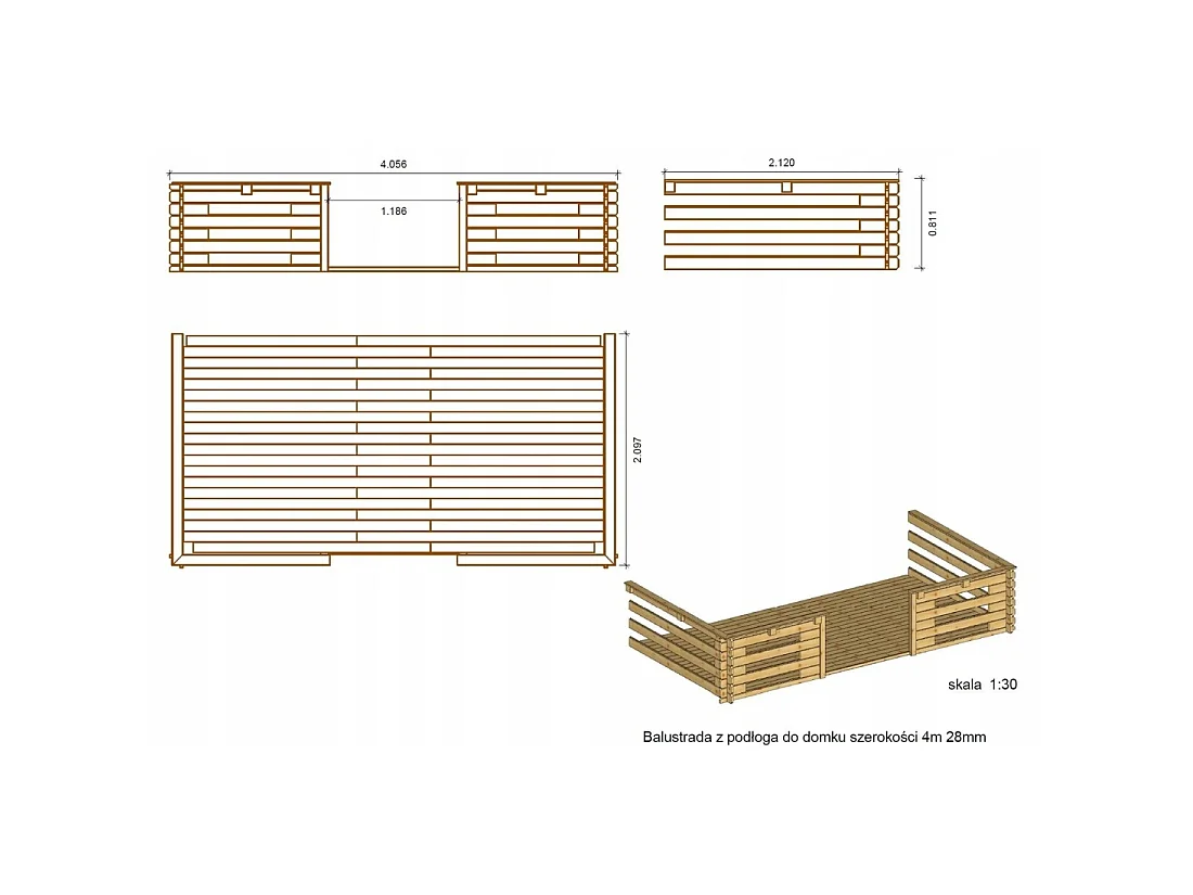 Terrasse en bois avec balustrade pour abri en bois - 8m2 - 4m x 2m - couleur: naturel - DOM18 - ALTANKA