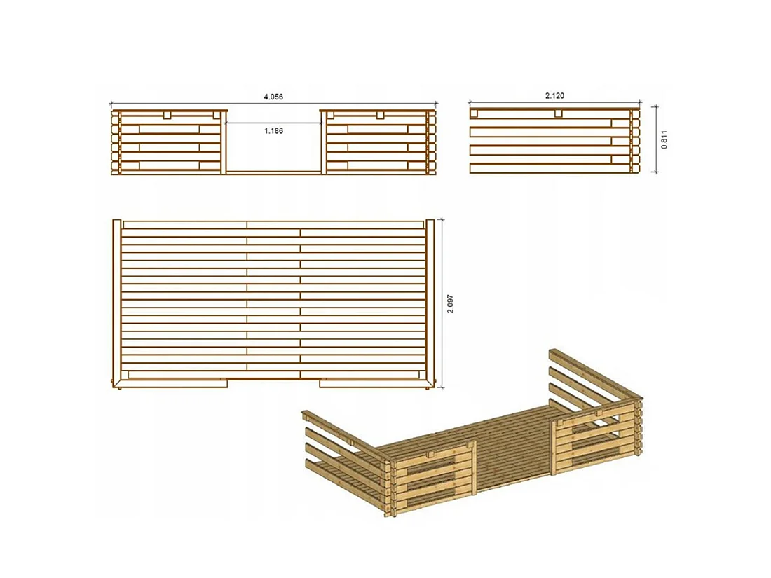Terrasse en bois avec balustrade pour abri en bois - 8m2 - 4m x 2m - couleur: naturel - DOM18 - ALTANKA