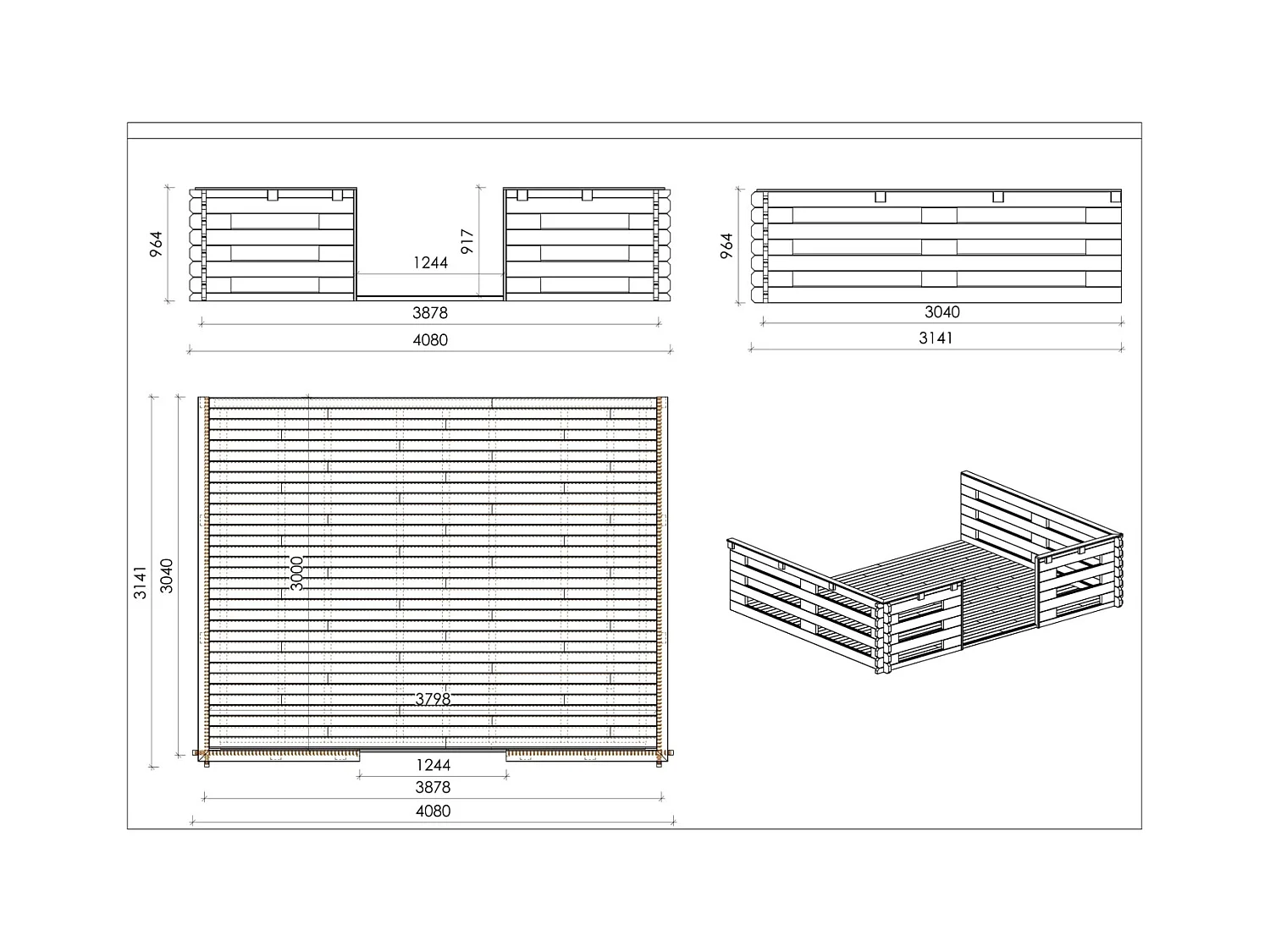 Terrasse en bois avec balustrade pour abri en bois - 12m2 - 4m x 3m - couleur: naturel - DOM548 - ALTANKA