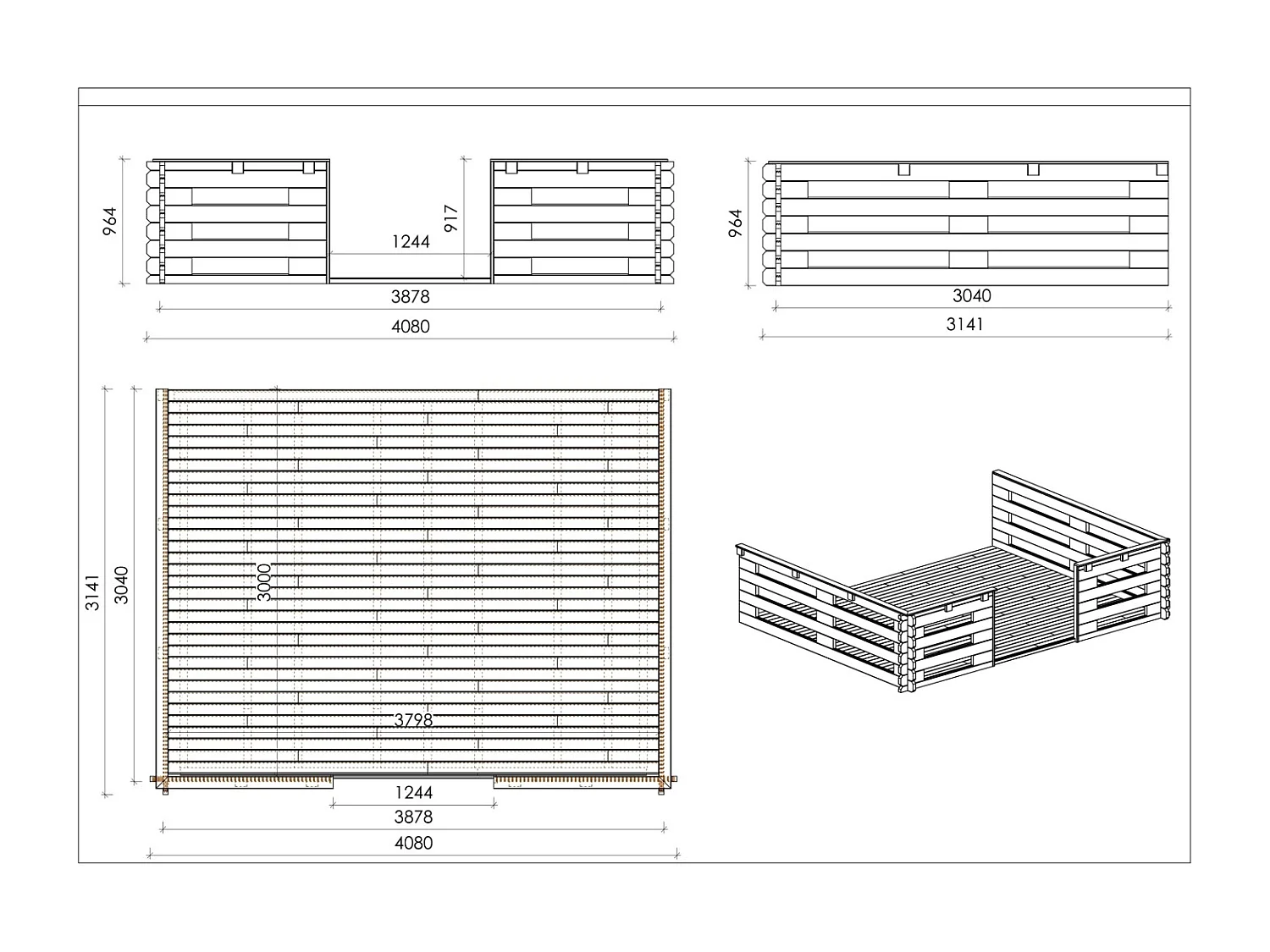Terrasse en bois avec balustrade pour abri en bois - 12m2 - 4m x 3m - couleur: naturel - DOM548 - ALTANKA