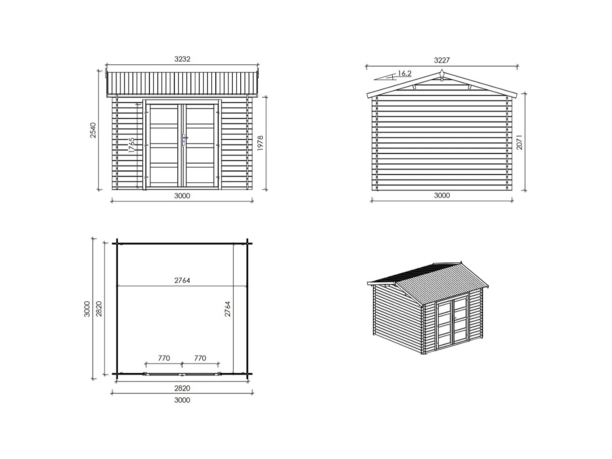 Casetta da giardino in legno – 3.00x3.00 m con estensione 3.00x2.76 m - 9.00 m² - DOM676+DOS194 - ALTANKA