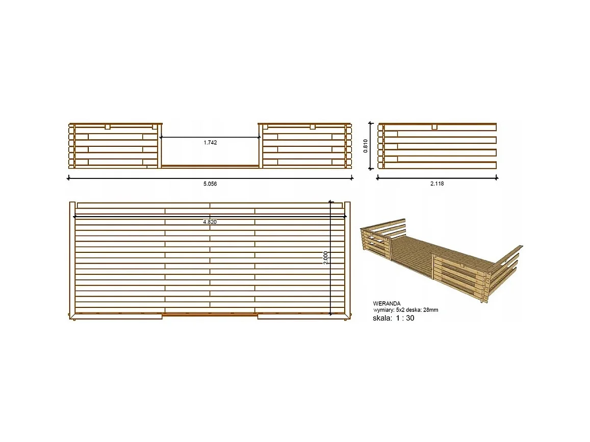 Terrasse en bois avec balustrade pour abri en bois - 10m2 - 5m x 2m - imprégnée - couleur: marron - DOM603 - ALTANKA