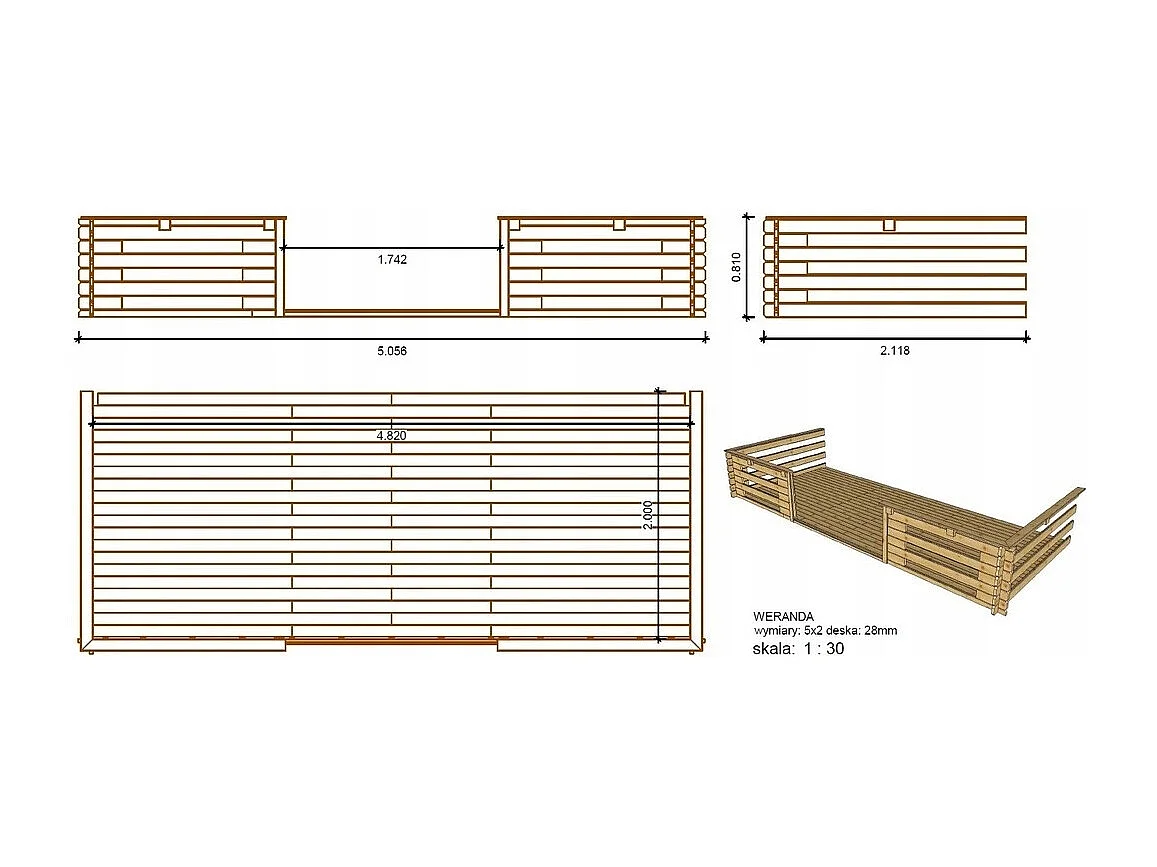 Terrasse en bois avec balustrade pour abri en bois - 10m2 - 5m x 2m - imprégnée - couleur: marron - DOM603 - ALTANKA