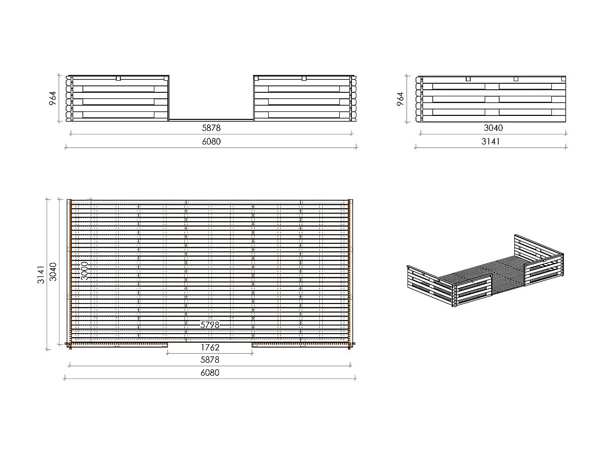 Abri de jardin en bois - 6x5 m + terrasse avec balustrade et avant-toit en bois - 48 m2 - DOM747+DOM556+DOM558+POD04 - ALTANKA