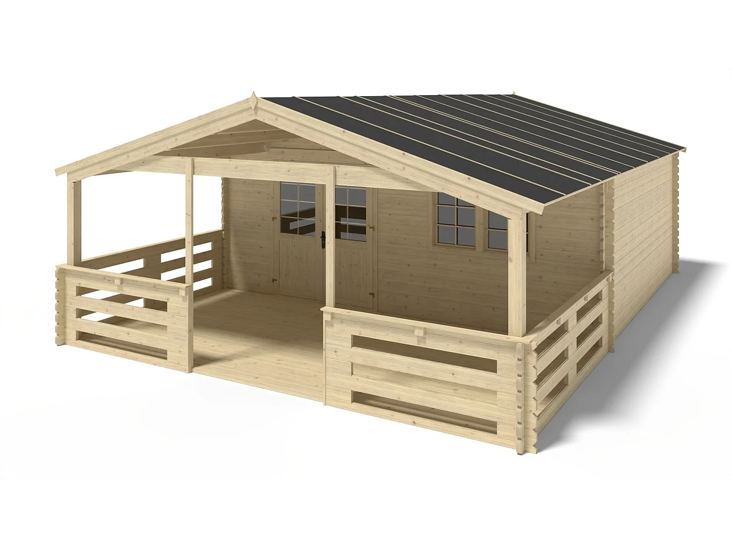 Abri de jardin en bois - 6x5 m + terrasse avec balustrade et avant-toit en bois - 48 m2 - DOM747+DOM556+DOM558+POD04 - ALTANKA