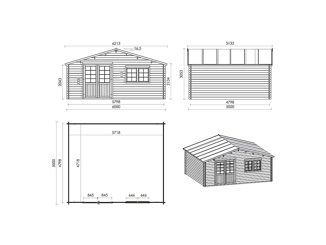 Abri de jardin en bois - 6x5 m + terrasse avec balustrade et avant-toit en bois - 48 m2 - DOM747+DOM556+DOM558+POD04 - ALTANKA