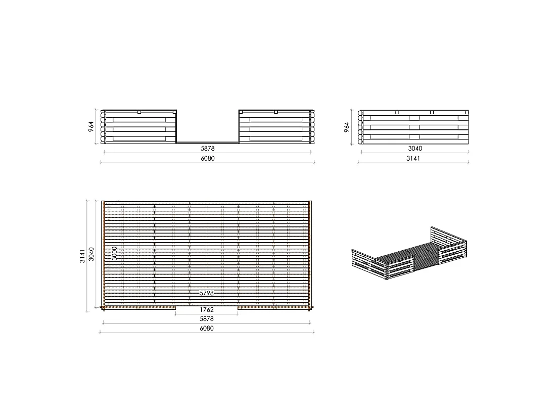 Abri de jardin en bois - 6x5 m + terrasse avec balustrade et avant-toit en bois - 48 m2 - DOM747+DOM556+DOM558+POD04 - ALTANKA