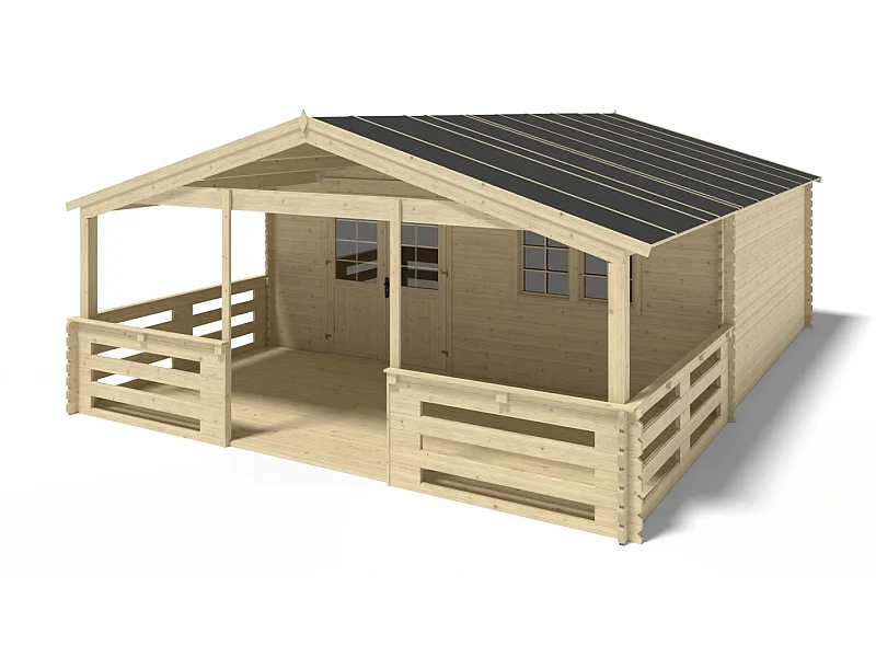 Abri de jardin en bois - 6x5 m + terrasse avec balustrade et avant-toit en bois - 48 m2 - DOM747+DOM556+DOM558+POD04 - ALTANKA