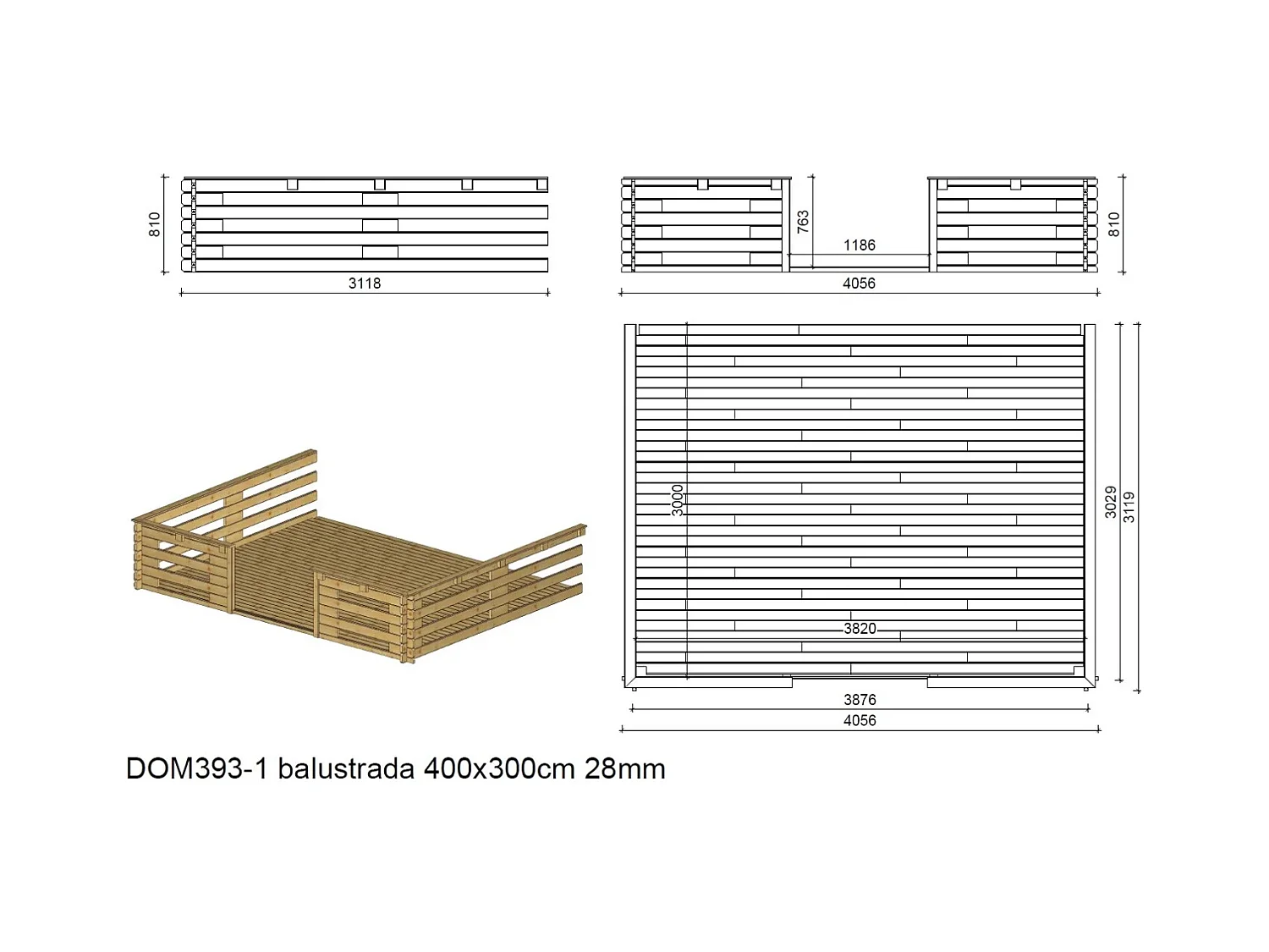 Terrasse en bois avec balustrade pour abri en bois - 12m2 - 4m x 3m - couleur: naturel - DOM393 - ALTANKA