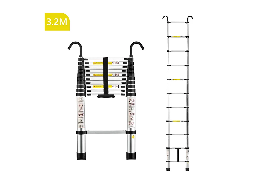 Échelle télescopique en aluminium de 3,2 m avec crochets, charge max. 150 kg