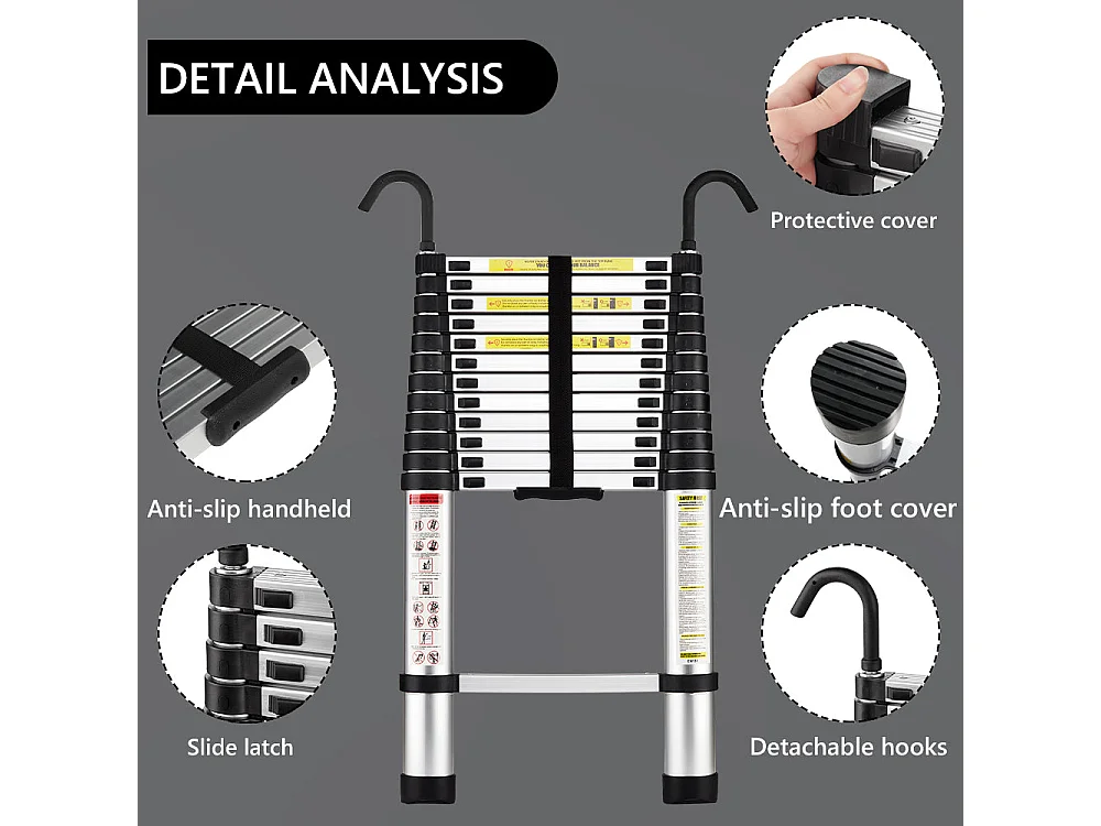 Échelle Télescopique 3,8M en Aluminium Bricolage Pliable, Charge Maximale 150kg