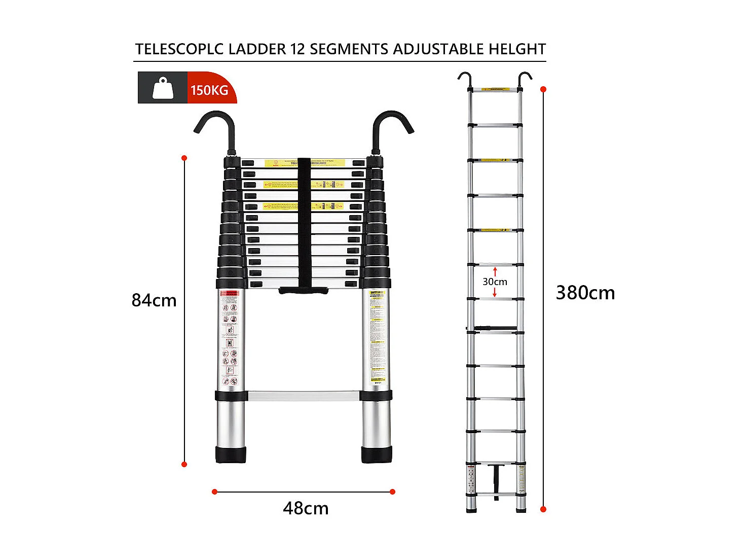 Échelle Télescopique 3,8M en Aluminium Bricolage Pliable, Charge Maximale 150kg