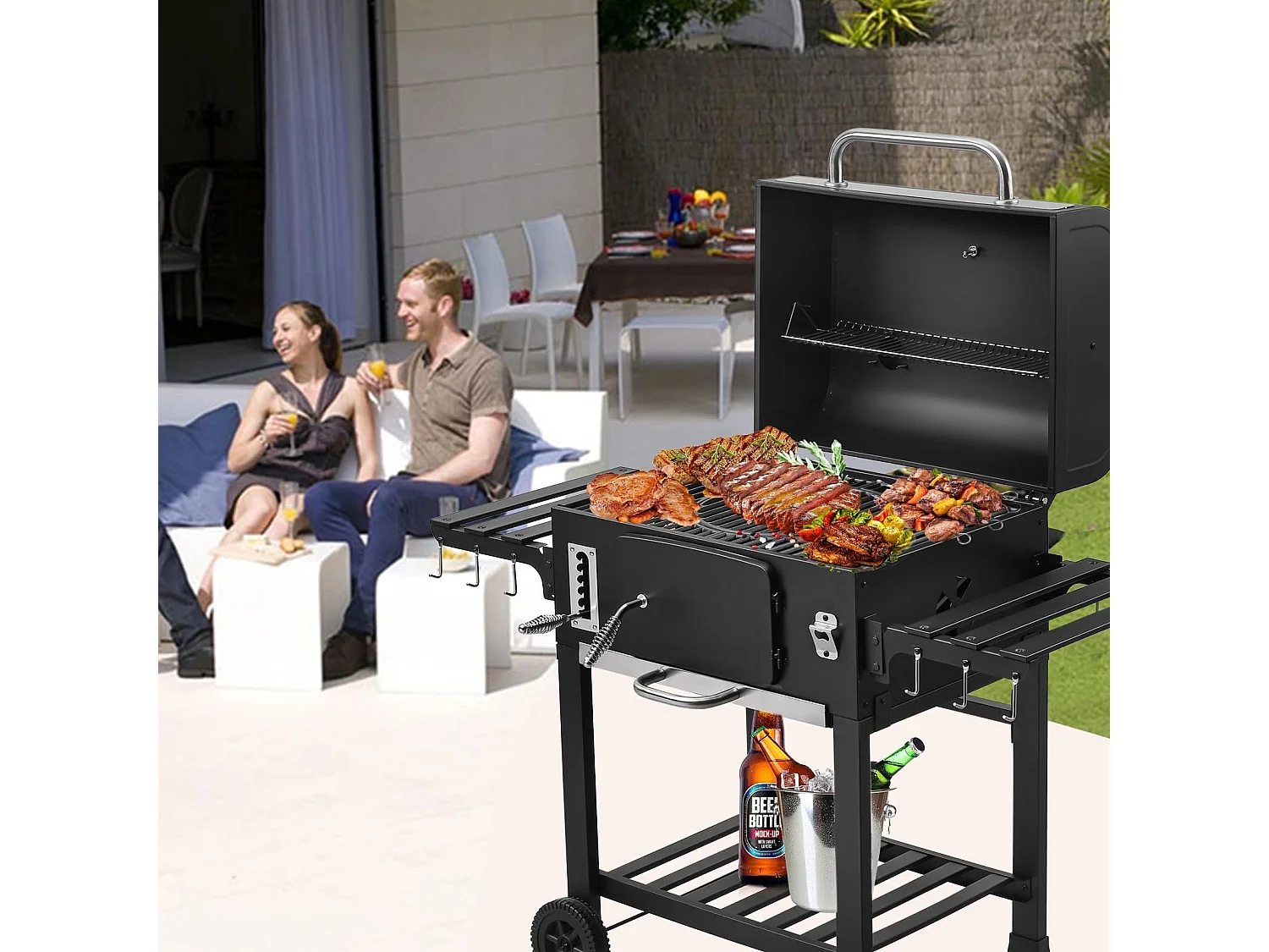 Barbecue au Charbon de Bois XXL, Barbecue avec Couvercle, Thermomètre, Gants Anti-Chaleur, Cheminée et Ouvre-Bouteille Intégré, Fumoir Grand Modèle