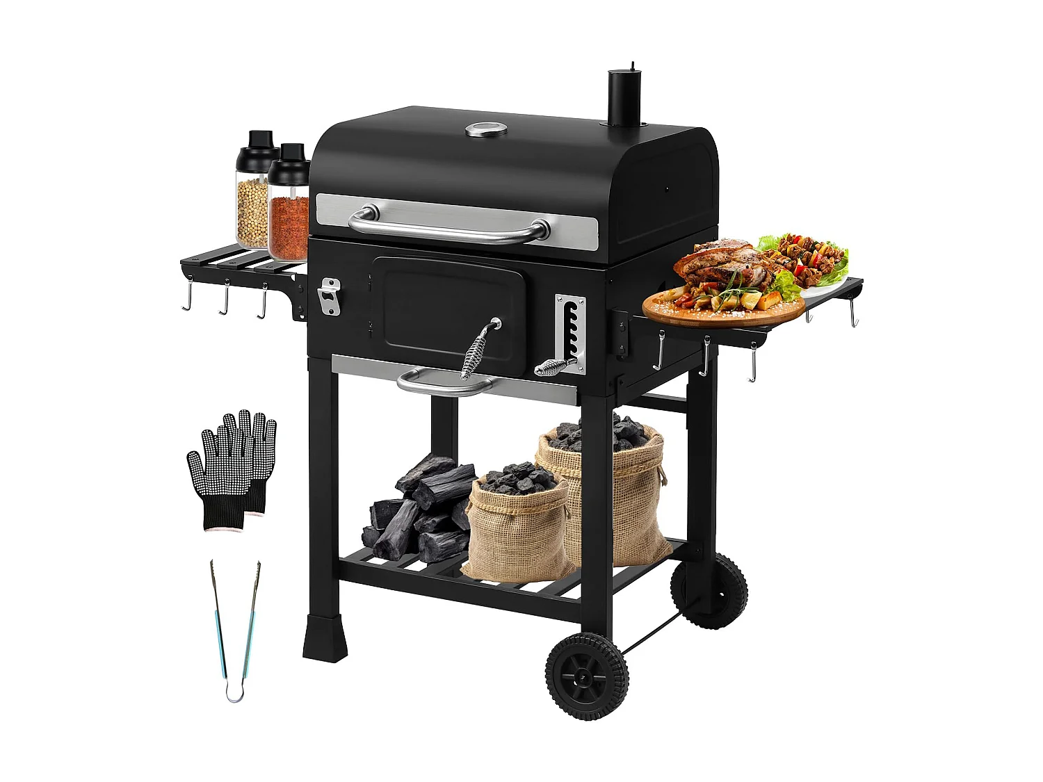 Barbecue au Charbon de Bois XXL, Barbecue avec Couvercle, Thermomètre, Gants Anti-Chaleur, Cheminée et Ouvre-Bouteille Intégré, Fumoir Grand Modèle