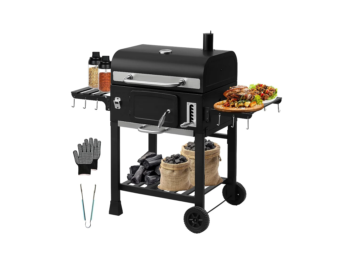 Barbecue au Charbon de Bois XXL, Barbecue avec Couvercle, Thermomètre, Gants Anti-Chaleur, Cheminée et Ouvre-Bouteille Intégré, Fumoir Grand Modèle